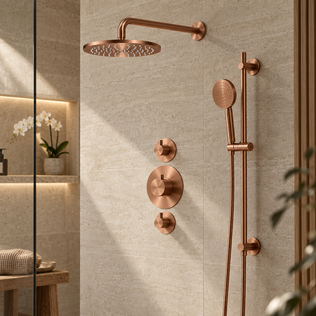 Aquanello Eterna Termostatisk duschset i koppar med PVD-beläggning för infällning med 2 avstängningskranar 25 cm regndusch och duschstång ET-S-SET1-11-62